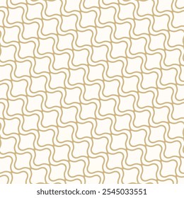 Golden vector geometric seamless pattern in oriental style. Abstract background with wavy lines, diagonal grid, lattice, mesh, curved net. Simple gold and white texture. Repeating luxury geo design