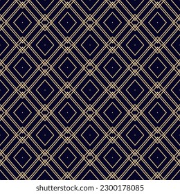 Golden vector geometric texture with linear grid, lattice, diamonds, lines, rhombuses. Abstract modern seamless pattern. Black and gold background. Elegant minimal ornament. Repeat luxury geo design