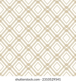 Golden vector geometric texture with linear grid, lattice, diamonds, lines, rhombuses. Abstract modern seamless pattern. White and gold background. Elegant minimal ornament. Repeat luxury geo design