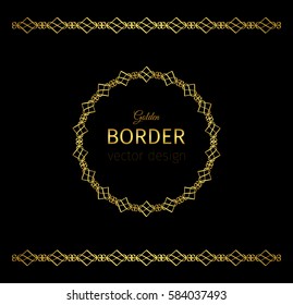Golden vector geometrical border and circle frame on black background