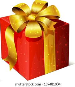 golden vector gift with red ribbon and bow isolated on white background