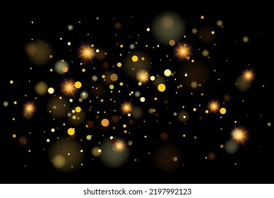 Golden vector glitter dust, golden bokeh dust on black background, festive poster design. Vector luxury background for posters, banners or cards.