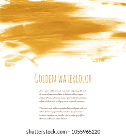 Golden vector hand paint ink texture background, watercolor dry brush stains, strokes, spots, smudge isolated on white. Abstract mixed fluid art. Illustration for wedding invitation, greeting card.