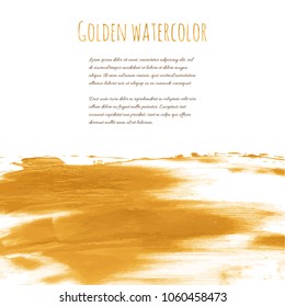 Golden vector hand paint ink texture background, watercolor dry brush stains, strokes, spots, smudge isolated on white. Abstract mixed fluid art. Illustration for wedding invitation, greeting card.