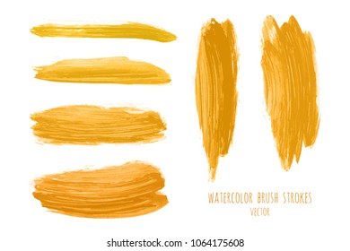 Golden vector hand paint ink texture background, watercolor dry brush stains, strokes, spots, smudge isolated on white. Abstract mixed fluid art. Illustration for wedding invitation, greeting card.
