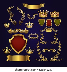 Golden vector heraldic elements. Kings crowns, laurel wreath and royal shield for 3d labels and badges