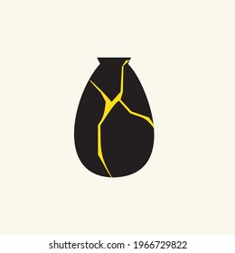 Golden vector illustration of Kintsugi, A Black Japanese vintage vase, flat style. Restoration of antique tableware. A stylish element for your design. All objects are isolated.