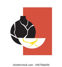 Goldene Vektorgrafik von Kintsugi. Schwarze japanische Vintage im flachen Stil. Restaurierung alter Gerichte. Marmor-Muster. Ein stilvolles Element Ihres Designs. Alle Objekte sind isoliert.