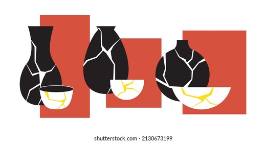Golden vector illustration of Kintsugi. Black Japanese vintage vase in flat style. Restoration of old dishes. Marble pattern. Poster, postcard design. A stylish element. All objects are isolated.