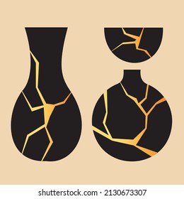 Goldene Vektorgrafik von Kintsugi. Schwarze japanische Vintage im flachen Stil. Restaurierung alter Gerichte. Marmor-Muster. Poster, Postkartendesign. Ein stylisches Element. Alle Objekte sind isoliert.