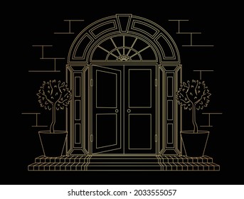 Golden vector illustration of an open door to a Georgian house on black background. Plants at the entrance, stone walls. Luxury sketch of magical world.