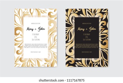 Golden Vector invitation with floral elements. Luxury ornament template