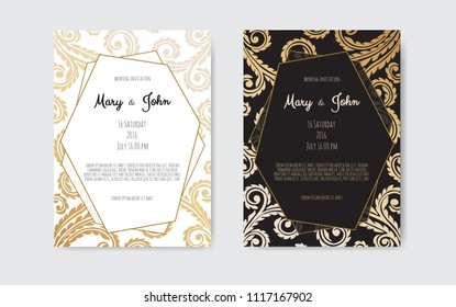 Golden Vector invitation with floral elements. Luxury ornament template