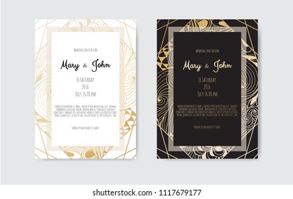 Golden Vector invitation with floral elements. Luxury ornament template