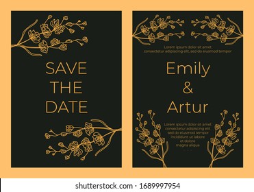 Golden Vector invitation with handmade floral elements. Modern Wedding Collection. Gold, a premium invitation to the feast.