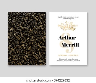 Golden Vector invitation with handmade floral elements. Modern Wedding Collection. Gold, a premium invitation to the feast.