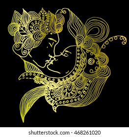 Golden vector kissing couple in doodle style on black background. Can be used as card, invitation, background element, adult coloring book. Hand drawn style. Wedding invitation. Zentagle.