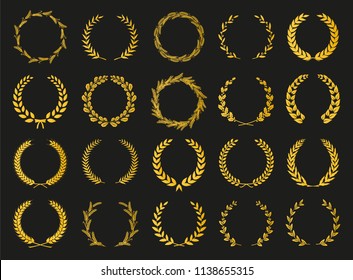 Golden vector laurel wreaths on black background. Set of foliate award wreath for cinema festival.Vector illustration.