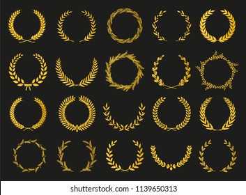 Golden vector laurel wreaths on black background. Set of foliate award wreath for cinema festival.Vector illustration.