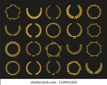 Golden vector laurel wreaths on black background. Set of foliate award wreath for cinema festival.Vector illustration.