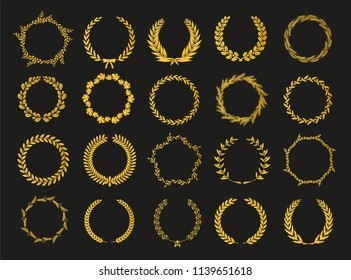 Golden vector laurel wreaths on black background. Set of foliate award wreath for cinema festival.Vector illustration.