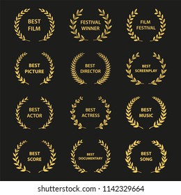 Golden vector laurel wreaths on black background. Set of foliate award wreath for cinema festival.Vector illustration.