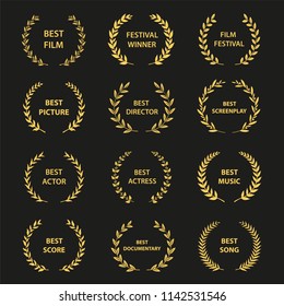 Golden vector laurel wreaths on black background. Set of foliate award wreath for cinema festival.Vector illustration.