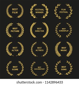 Golden vector laurel wreaths on black background. Set of foliate award wreath for cinema festival.Vector illustration.