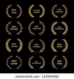 Golden vector laurel wreaths on black background. Set of foliate award wreath for cinema festival.Vector illustration.