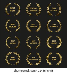 Golden vector laurel wreaths on black background. Set of foliate award wreath for cinema festival.Vector illustration.