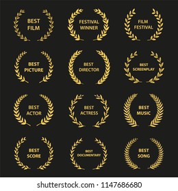 Golden vector laurel wreaths on black background. Set of foliate award wreath for cinema festival.Vector illustration.