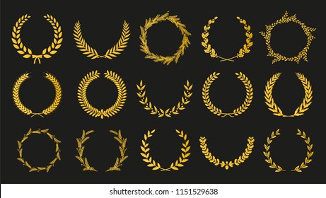 Golden vector laurel wreaths on black background. Set of foliate award wreath for cinema festival.Vector illustration.