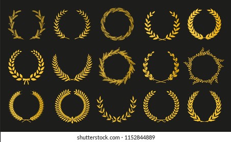 Golden vector laurel wreaths on black background. Set of foliate award wreath for cinema festival.Vector illustration.