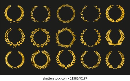 Golden vector laurel wreaths on black background. Set of foliate award wreath for cinema festival.Vector illustration.