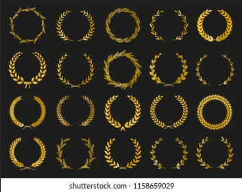 Golden vector laurel wreaths on black background. Set of foliate award wreath for cinema festival.Vector illustration.