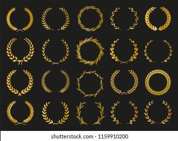 Golden vector laurel wreaths on black background. Set of foliate award wreath for cinema festival.Vector illustration.