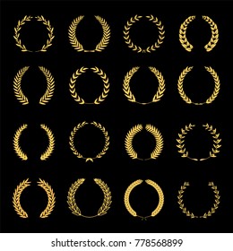 Golden vector laurel wreaths on black background. Set of foliate award wreath for greeting, certification, heraldry lebels.