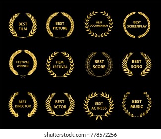 Golden vector laurel wreaths on black background. Set of foliate award wreath for cinema festival.Vector illustration.