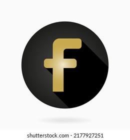 Golden vector letter F in the circle. Flat design and long shadow