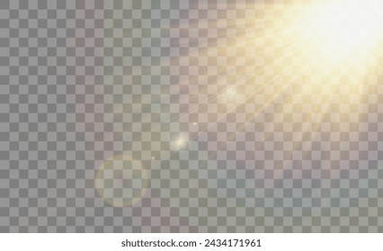 Golden vector light with glare. This image depicts the sun, sun rays, dawn, and glare. The gold flare and glare from the flare PNG image.