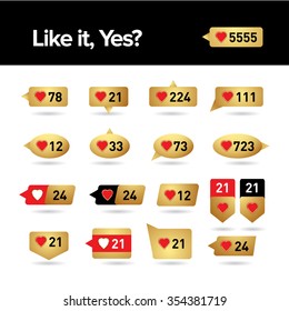Golden Vector Like Counter Notification Icons Set on ribbons and labels
