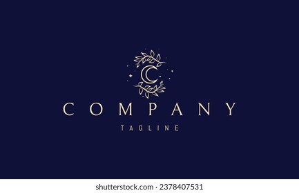 A golden vector logo with an abstract image of the moon framed by branches and leaves.