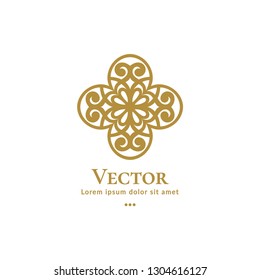 Golden vector logo. Elegant, classic vector. Can be used for jewelry, beauty and fashion industry. Great for emblem, monogram, invitation, flyer, menu, brochure, background, or any desired idea.