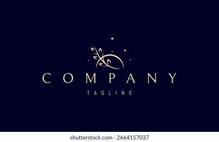 A golden vector logo featuring an abstract image a branch with leaves against the moon and stars, evoking calm and natures harmony.