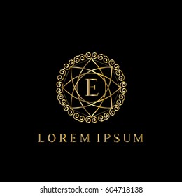 Golden vector logo template. Letter E monogram 