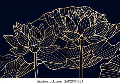 golden vector lotus flower illustration vector line background and can be used as business card, oriental graphic nature flower, Elegant nature drawing, asian leaf ornament