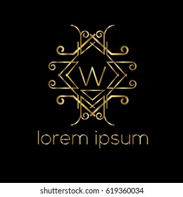 Golden vector luxury logo frame design for boutique, hotel, restaurant. Letter W monogram
