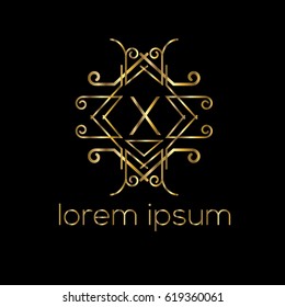 Golden vector luxury logo frame design for boutique, hotel, restaurant. Letter X monogram