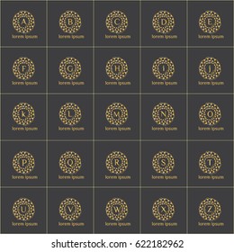 Golden vector luxury logo  frame design set for boutique, hotel, restaurant. Letters of the alphabet monograms
