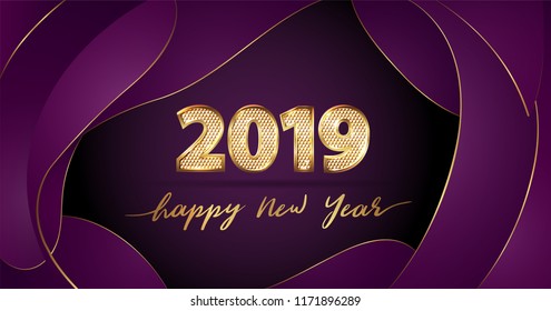 Golden Vector luxury text 2019 Happy new year. Gold Festive Numbers Design with diamonds texture. Gold shining. Happy New Year Banner with 2019 Numbers for greeting card, calendar 2019. Fluid shapes